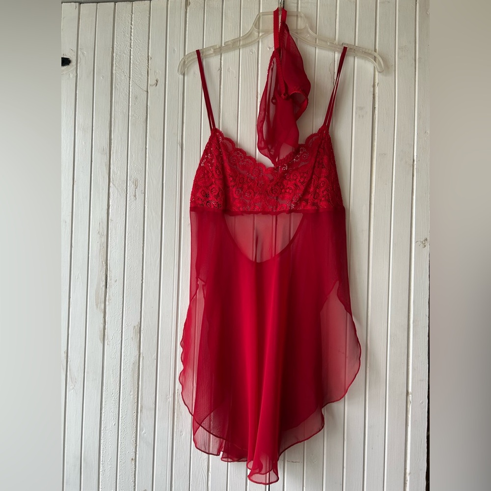 Victoria Secrets Elegant Red Lace Chemise Lingerie Set
